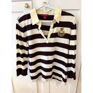Brown White Chaps Denim Striped Rugby Shirt with Crest Size XL
